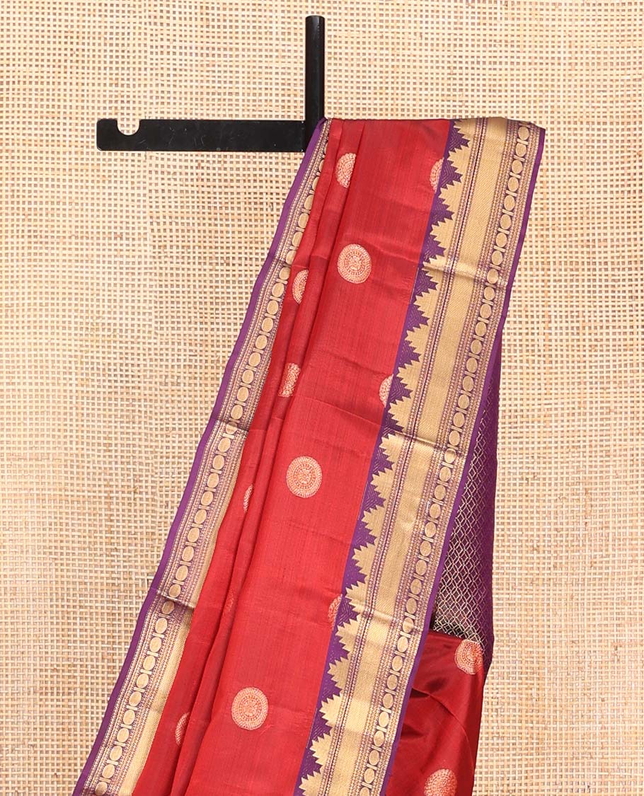 Red Vasundhara Lite Silk Mix Saree, Artfully Woven with Chakram Buttas All Over Its Body, Complemented by a Contrast Border of Thazampoo Rekku, Paisa, Neli, Mayil Kann, and Rudraksham Designs, Pallu of Geometric Patterns, and Paired with a Contrast Blouse
