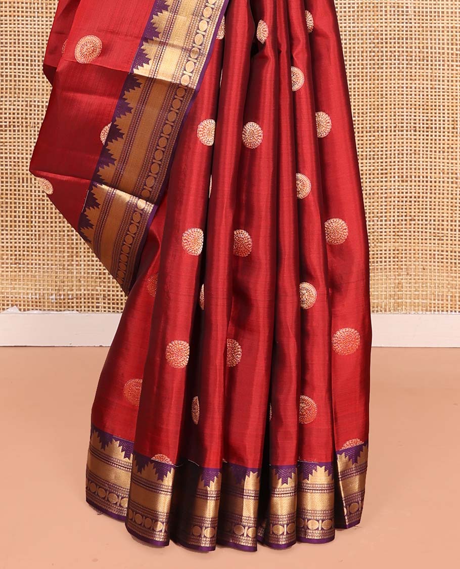 Red Vasundhara Lite Silk Mix Saree, Artfully Woven with Chakram Buttas All Over Its Body, Complemented by a Contrast Border of Thazampoo Rekku, Paisa, Neli, Mayil Kann, and Rudraksham Designs, Pallu of Geometric Patterns, and Paired with a Contrast Blouse
