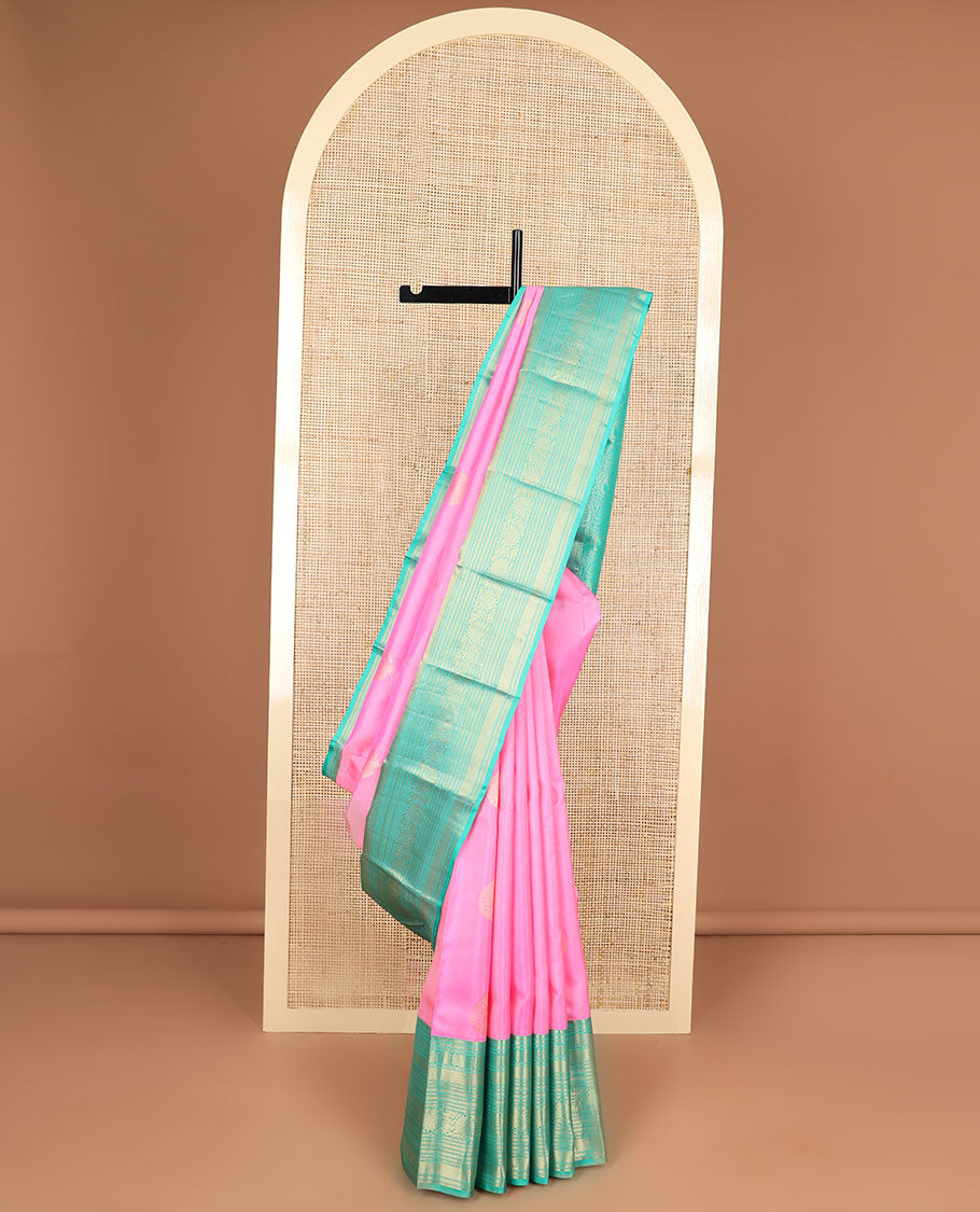 Pink floral buttas silk saree with contrast border of thilakam mokku, muthu, ara maadam, kodi visiry design & paisley, floral design pallu