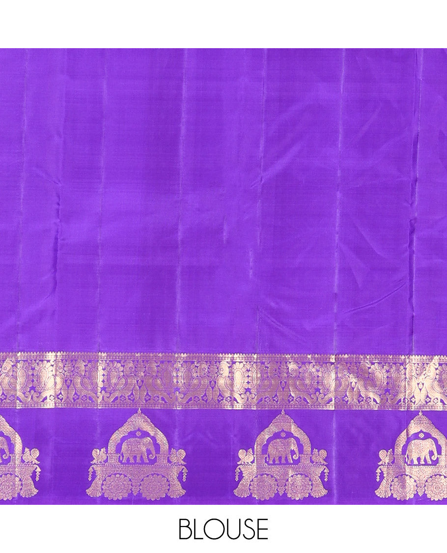 Pink Vasundhara Silk Saree Embellished with Zari Buttas All Over Its Body, Highlighted by Contrast Zari Border of Rekku, Mayil, and Chariot Designs, a Grand Pallu of Diagonal Stripes, and Paired with a Contrast Blouse