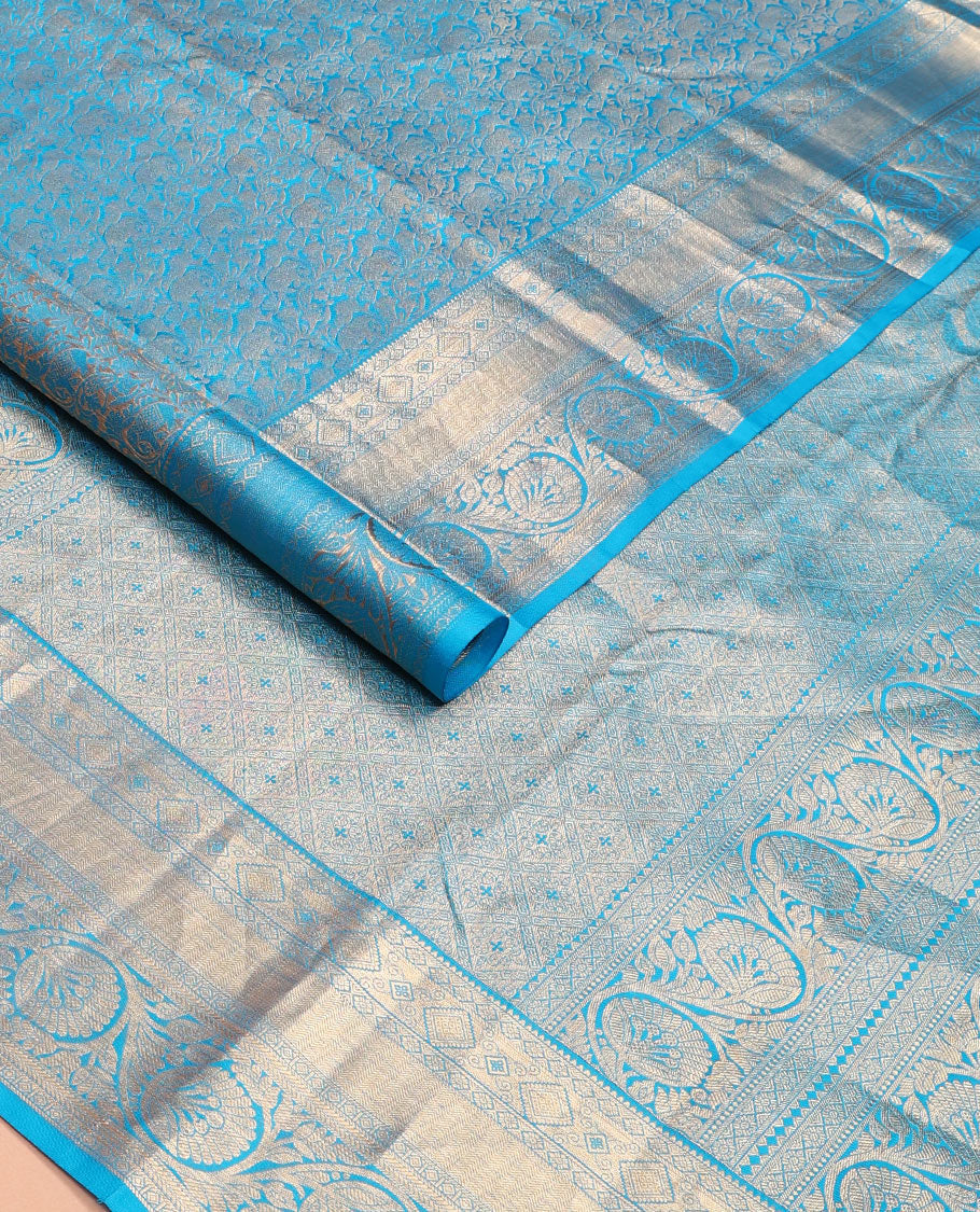 Blue jacquard wedding silk saree, jaal pallu & zari border of rekku, diamond,vanki,kathir & kodi visiry designs