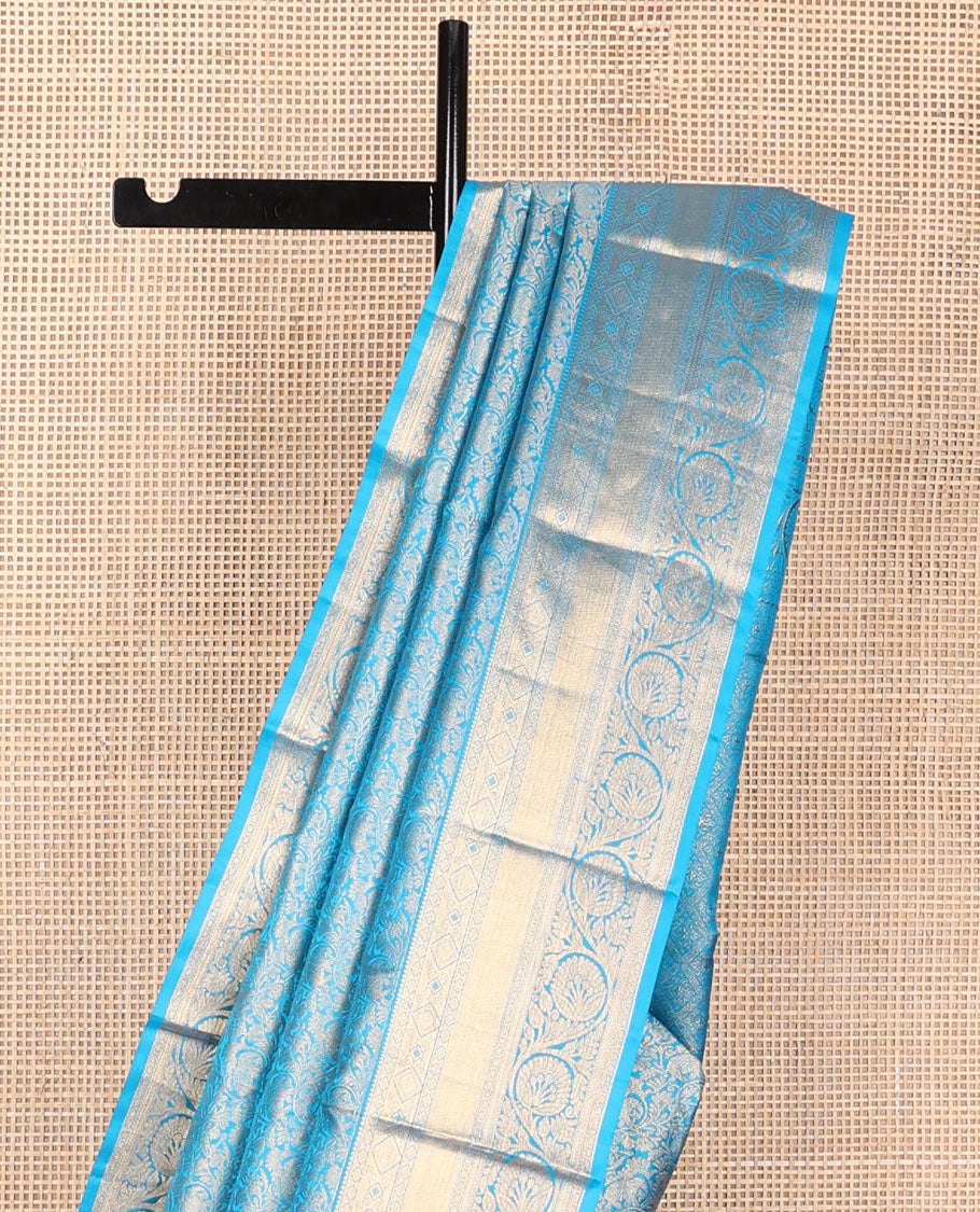 Blue jacquard wedding silk saree, jaal pallu & zari border of rekku, diamond,vanki,kathir & kodi visiry designs