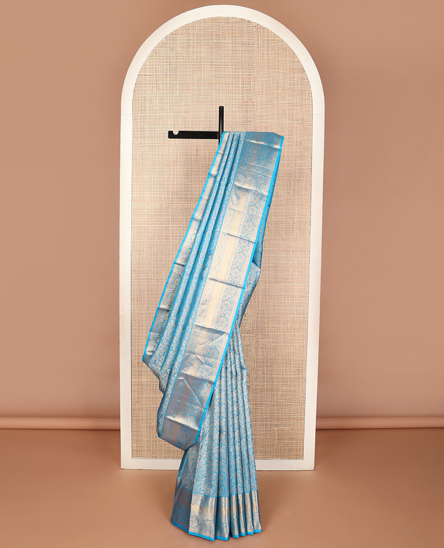 Blue jacquard wedding silk saree, jaal pallu & zari border of rekku, diamond,vanki,kathir & kodi visiry designs