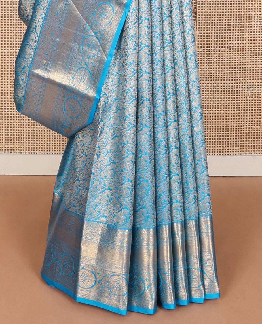 Blue jacquard wedding silk saree, jaal pallu & zari border of rekku, diamond,vanki,kathir & kodi visiry designs