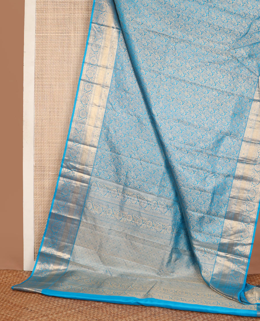 Blue jacquard wedding silk saree, jaal pallu & zari border of rekku, diamond,vanki,kathir & kodi visiry designs