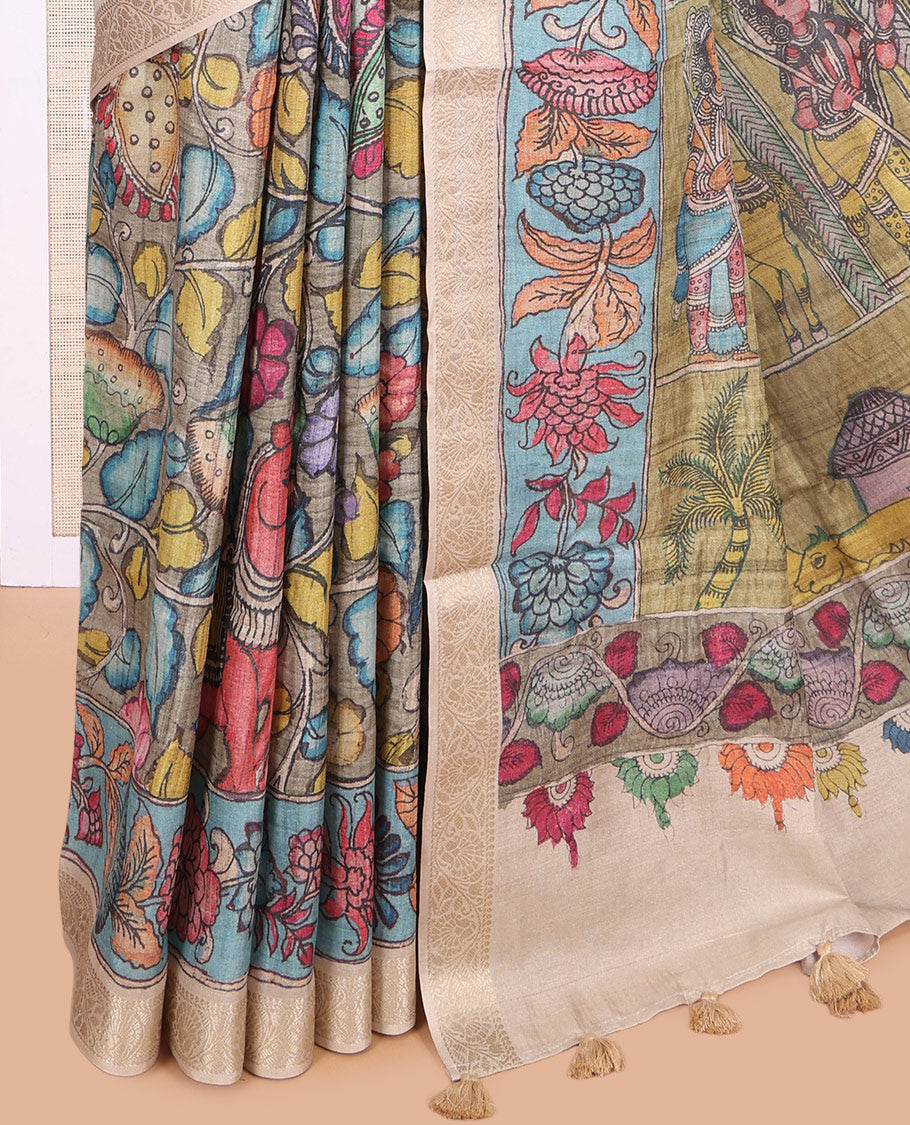 Grey Kalamkari Printed Fancy Tussar Saree