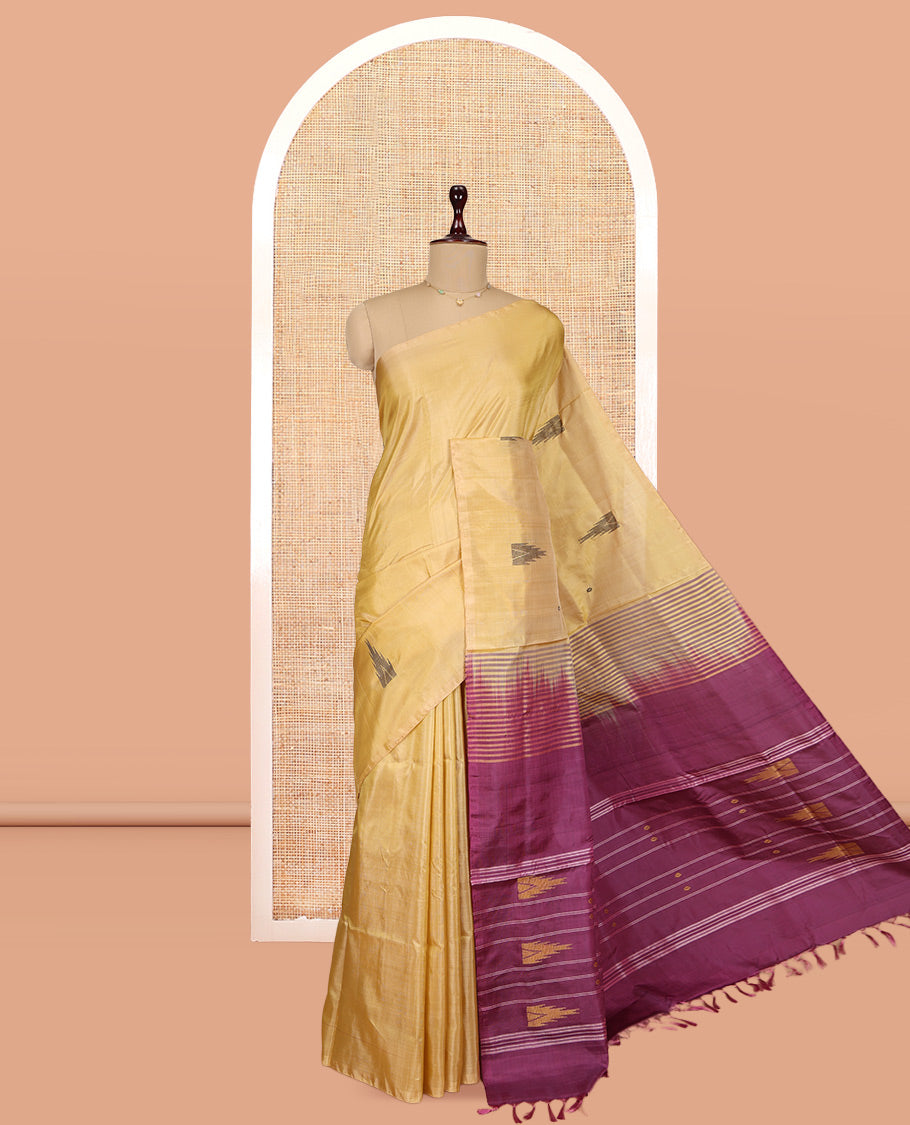 Borderless Sandal Banana Pith Saree, Woven with Temple Buttas, a Contrast Pallu of Stripes and Temple Design, and a Contrast Blouse