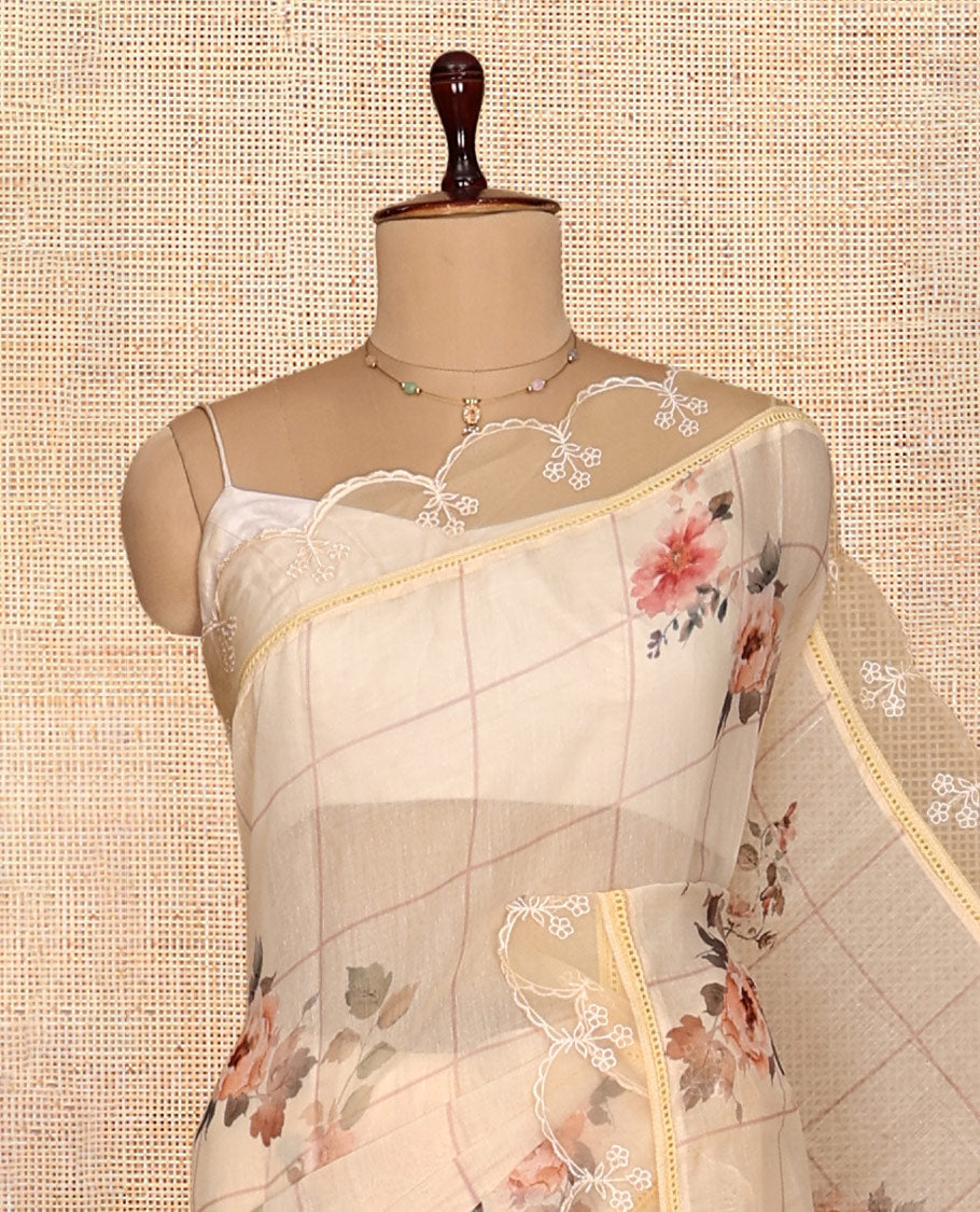 Sandal Floral Motifs Chanderi Cotton Saree