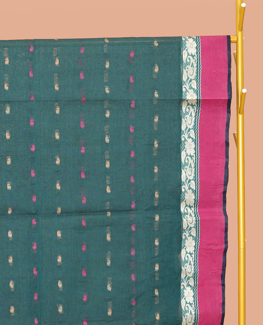 Green Bengal Cotton Saree Features Thread Buttas, a Contrast Floral Creeper Border, Pallu of Stripes, and Buttas, and a Matching Blouse
