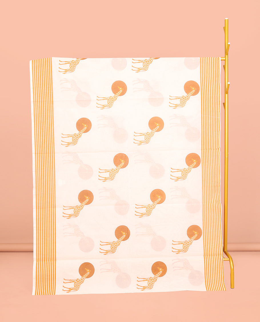 Cream Kerala Cotton Saree, Elevated with Sun and Giraffe Motifs, a Subtle Striped Border, and a Matching Blouse