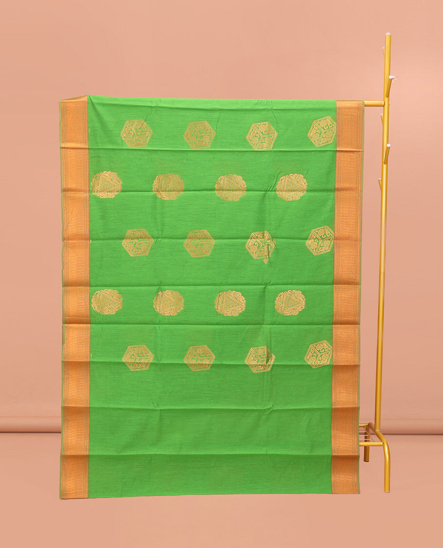 Green Semi-Silk Cotton Saree, Dazzled with Zari Buttas All Over Its Body, Highlighted by a Zari Traditional Design Border, Complemented by a Contrast Pallu of Geometric Design, and Paired with a Contrast Blouse