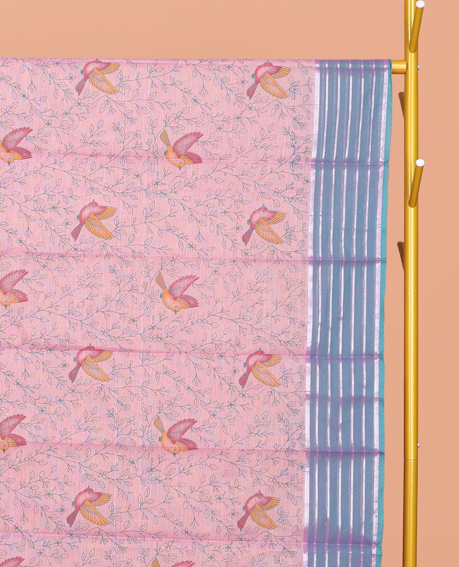 Pink Chirala Cotton Saree, Adorned with Floral-Bird Print, a Contrast Border, Printed Pallu, and a Matching Blouse