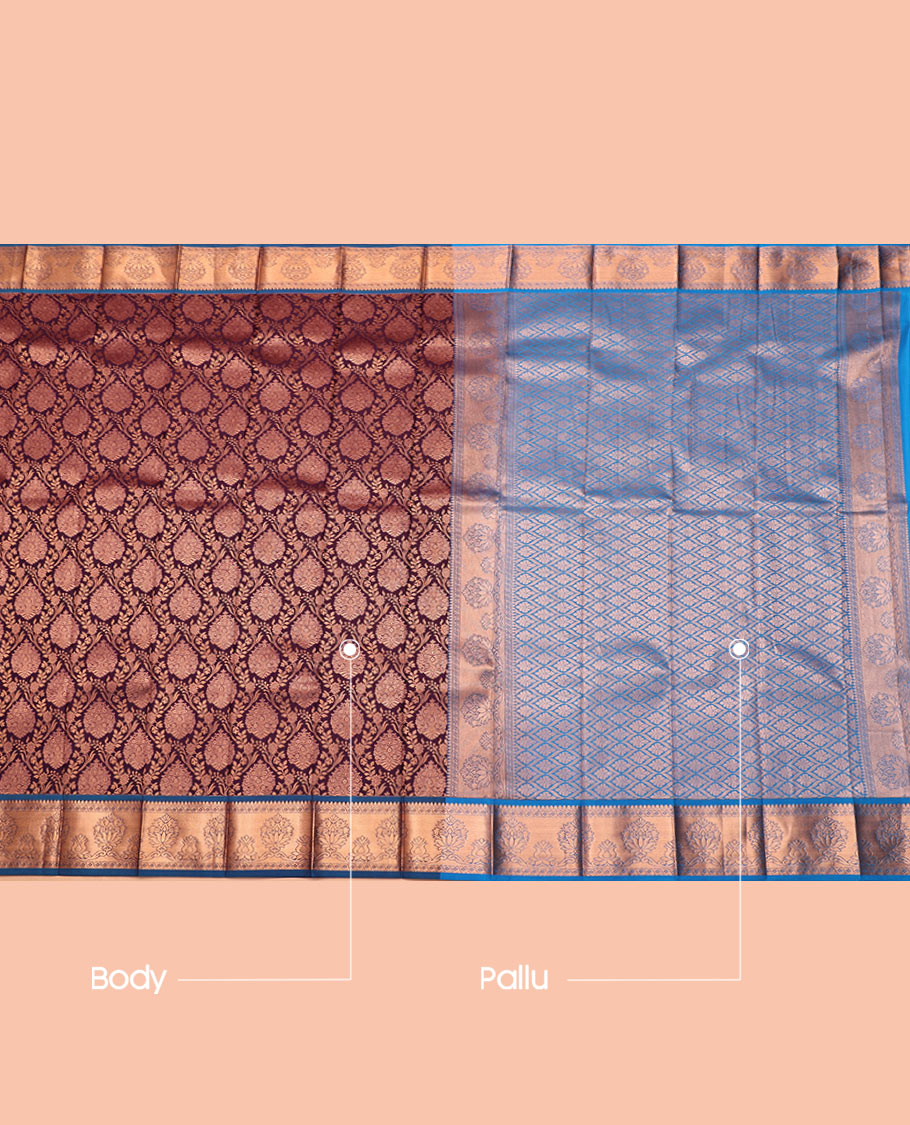 Brown Budget Silk Saree, Accentuated with Jacquard Design, Contrast Traditional Zari Border, Grand Jaal Pallu, and a Contrast Blouse