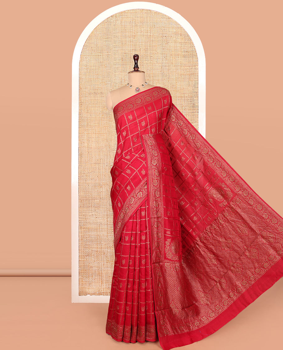 Red Matka Silk Saree, Prettified with Peacock Butta Enclosed Checks on Its Body, Highlighted by a Floral Creeper Design Border, Grand Pallu of Jaal Designs, and Paired with a Matching Blouse