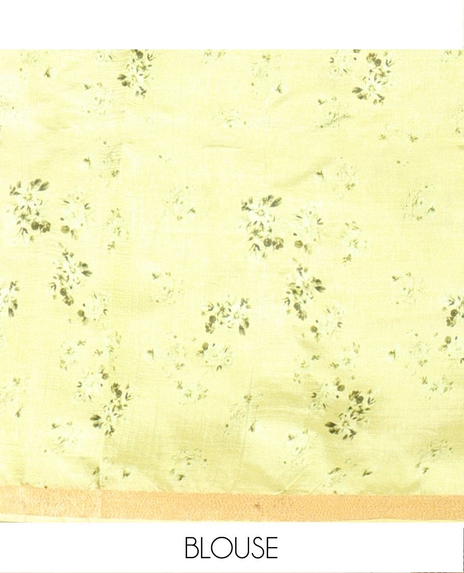 Grey Banana Pith Saree Prettified with Multi-Color Floral Vine Print, Subtle Small Bavanji Border, Gleaming Zari Striped Pallu, and Complemented with a Contrast Floral-Printed Blouse