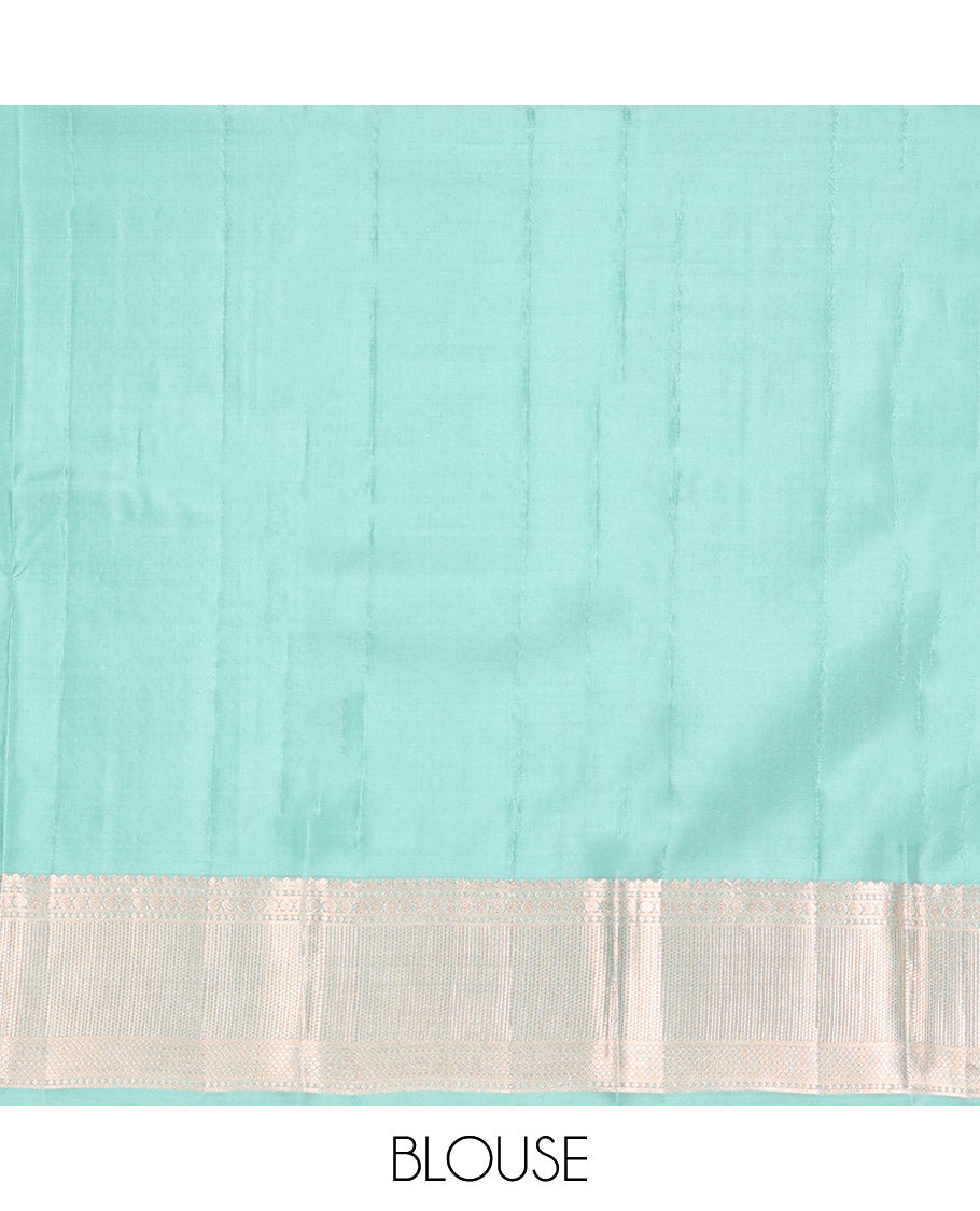 Green Kanchipuram Silk Saree, Richly Detailed with Checks, Zari Border of Mayil Kann, and Rudraksham Designs, Sparsely Woven Pallu, and Matching Blouse
