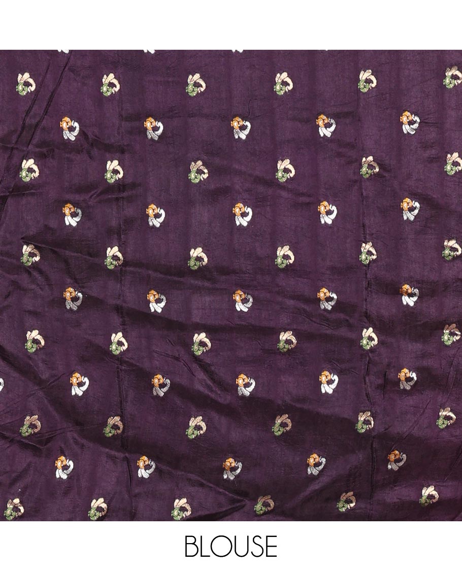 Dark Violet Russian Silk Saree Featuring Double-Sided Plain and Central Zari Elephant Motifs Weave, Accentuated by a Subtle Traditional Zari Border, Enhanced with a Zari-Designed Pallu, and Paired with a Blouse Depicting Meenakari Peacocks