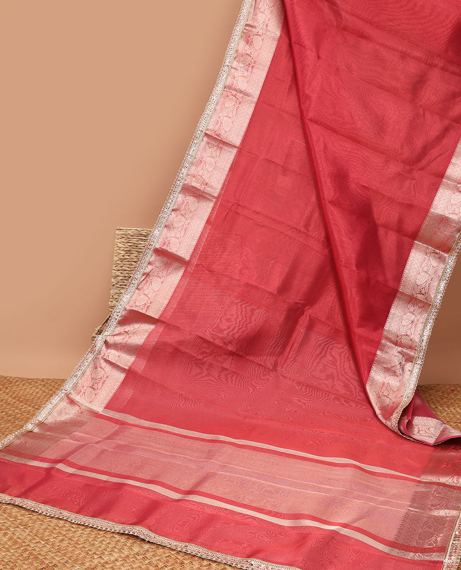 Red tissue saree with self zari design border & intricate zari design pallu