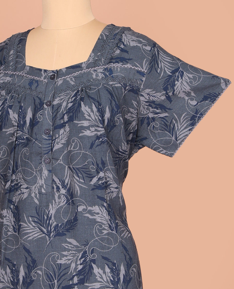 Dark Grey Cotton Nighty Decorated with Floral Print, Featuring Lace Work, Square Front Neck, and Half Sleeves