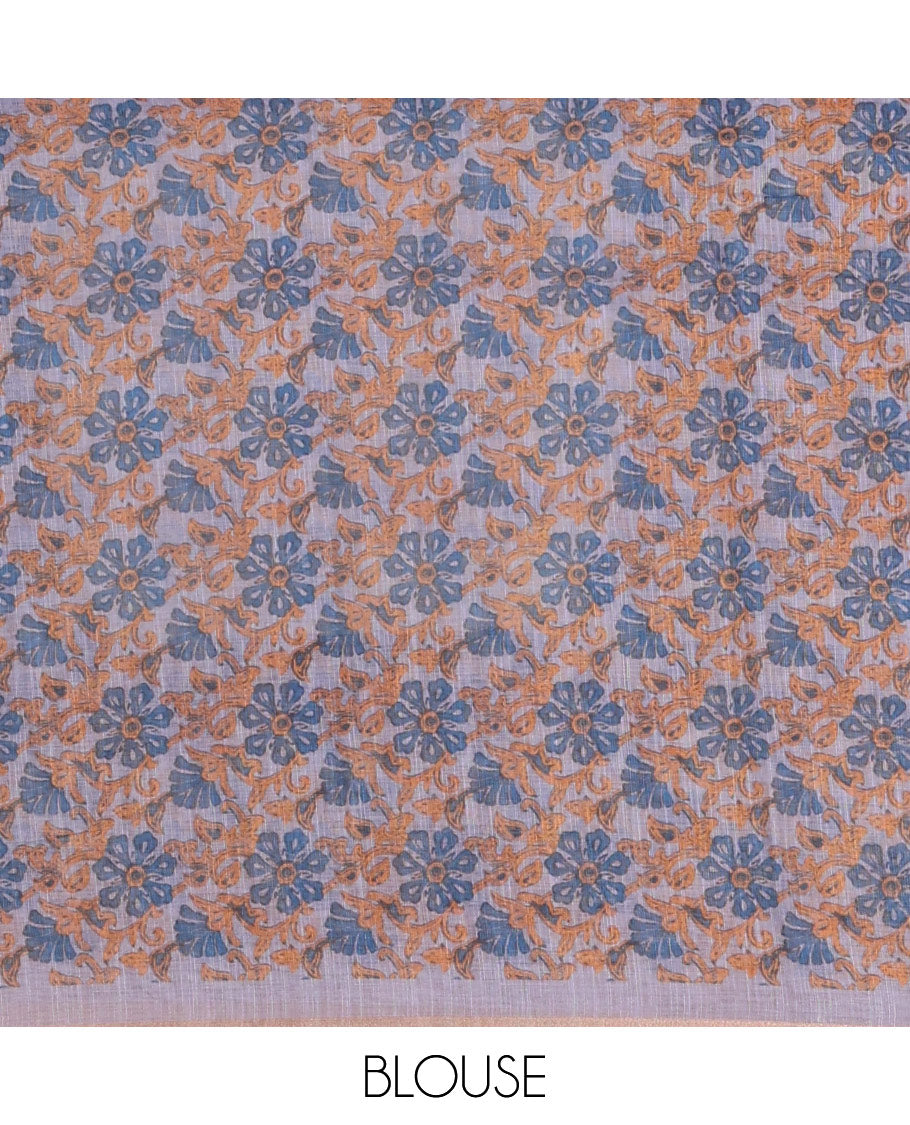 Grey Linen Cotton Saree, Adorned with Shibori Prints on Its Body, Subtle Contrast Piping Border, Pallu of Floral Print, and Paired with a Matching Blouse