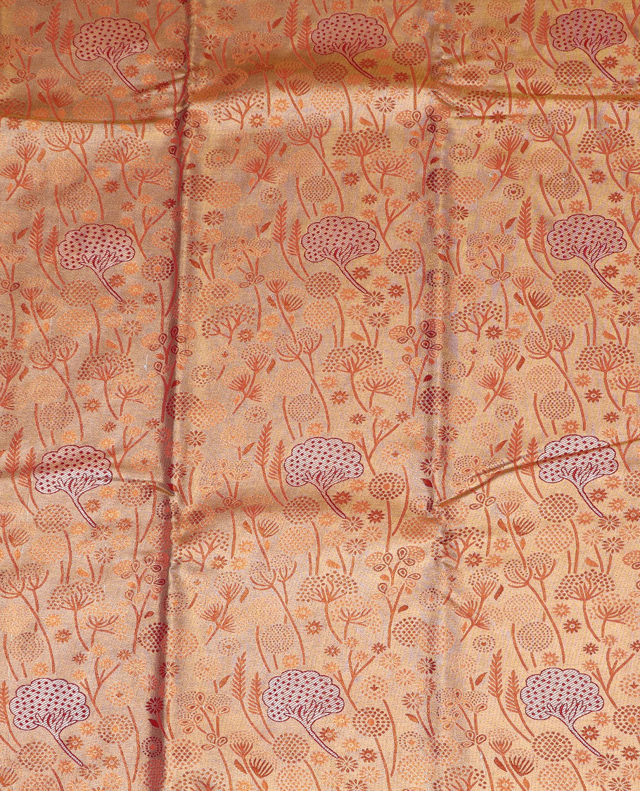 Orange art silk pavadai material set, floral jacquard pavadai, contrast blouse & traditional zari border