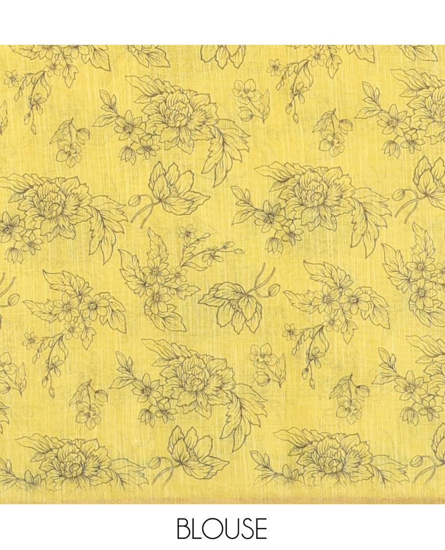 Yellow Linen Cotton Saree, Beautified with Polka Dots All Over Its Body, Subtle Piping Border, Self-Pallu, and Paired with a Floral Printed Matching Blouse