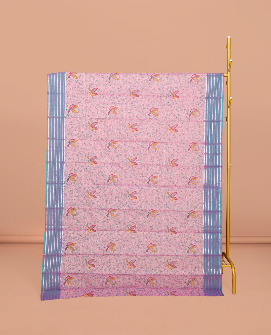 Pink Chirala Cotton Saree, Adorned with Floral-Bird Print, a Contrast Border, Printed Pallu, and a Matching Blouse