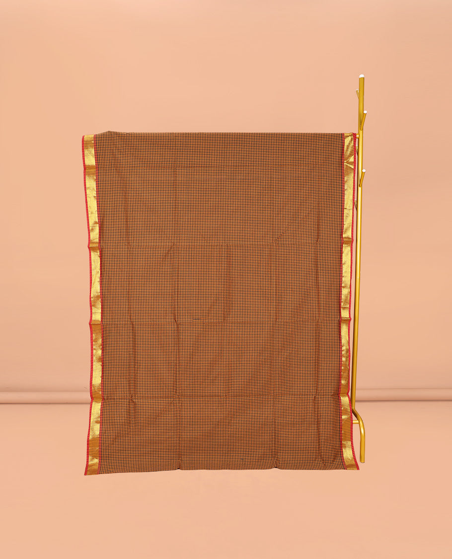 Orange Micro-Checked Poly Cotton Saree, Complemented by a Contrast Zari Border, Contrast Striped Pallu, and Paired with a Contrast Blouse
