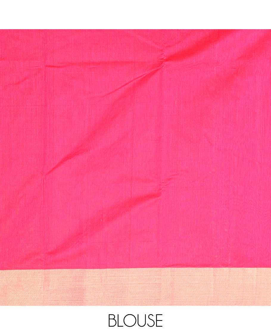 Pink motifs chanderi cotton saree with contrast zari border & striped pallu