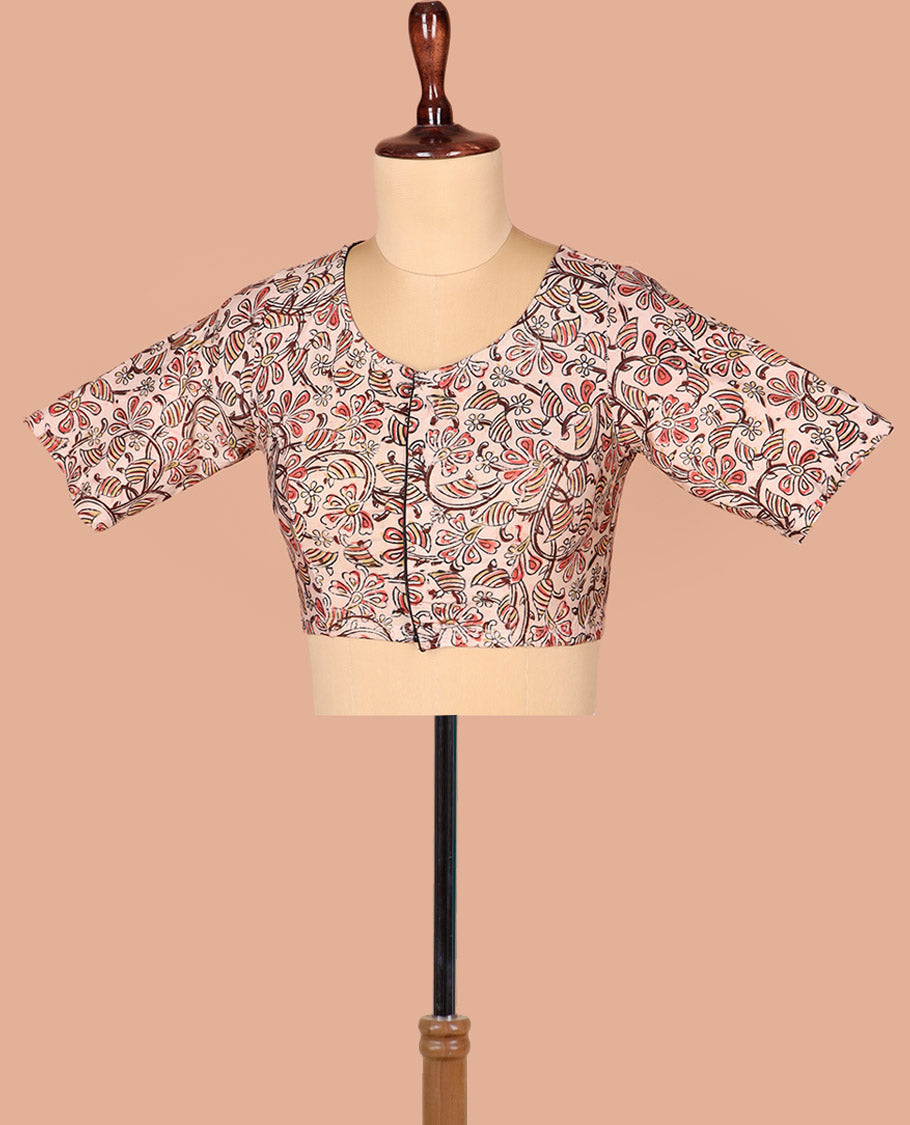 Pale Pink Readymade Blouse Adorned with Floral-Bird Theme Print, Featuring Front Round Neck, Back Closed Neck, and Elbow Sleeves