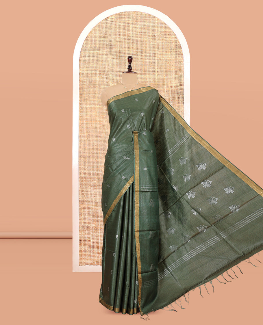 Green Tussar Saree, Detailed with Buttas, a Subtle Zari Border, Pallu of Butterfly Buttas, and a Matching Blouse