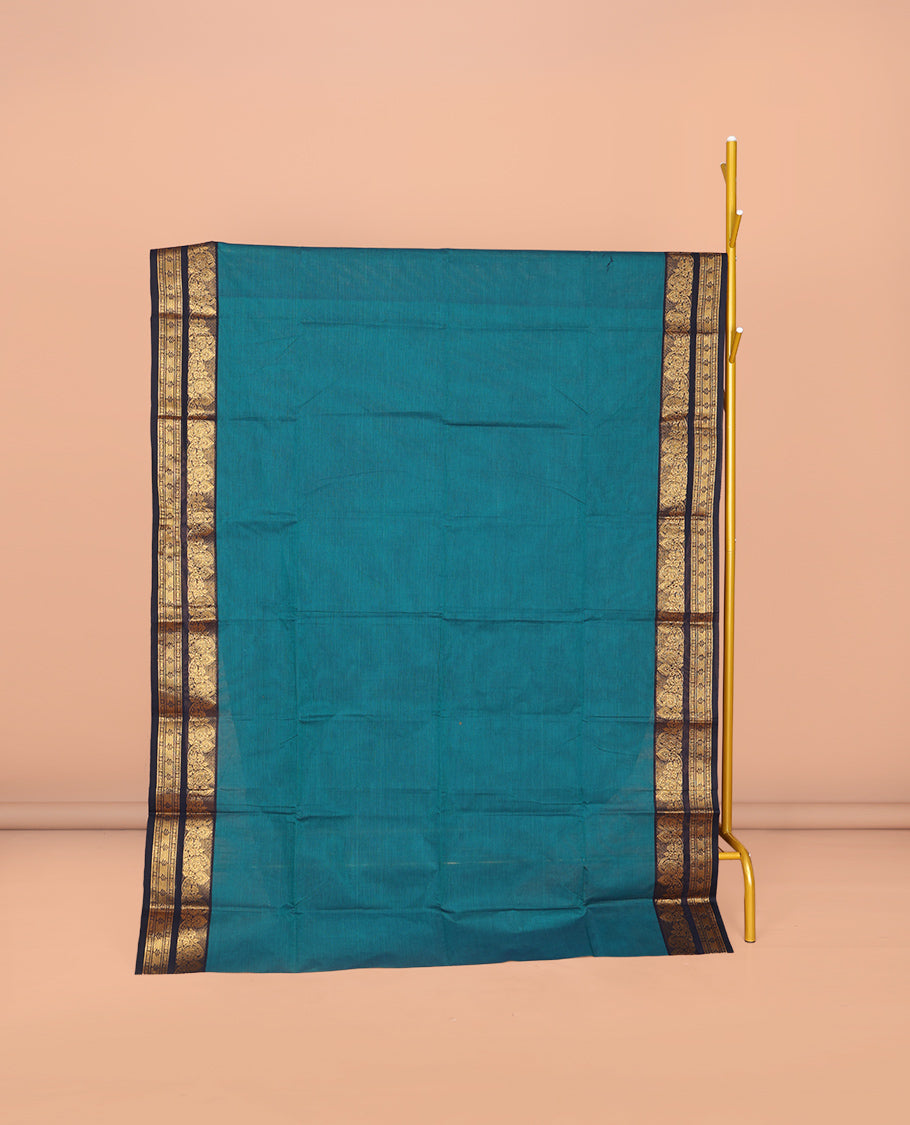 Blue Plain Chettinad Cotton Saree, Complemented by Contrast Traditional Zari Design Border, Striped Pallu, and Paired with Matching Blouse