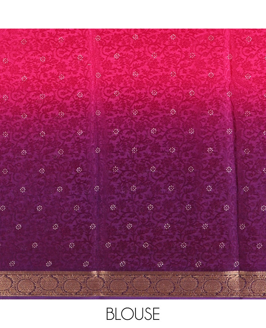 Pink and Violet Candy Chiffon Saree, Featuring Floral Vine Embossed, Buttas, and Ombre-Style Dyed on Its Body, Highlighted by Floral Creeper Zari Border, Intricately Designed Pallu, and Paired with a Contrast Blouse