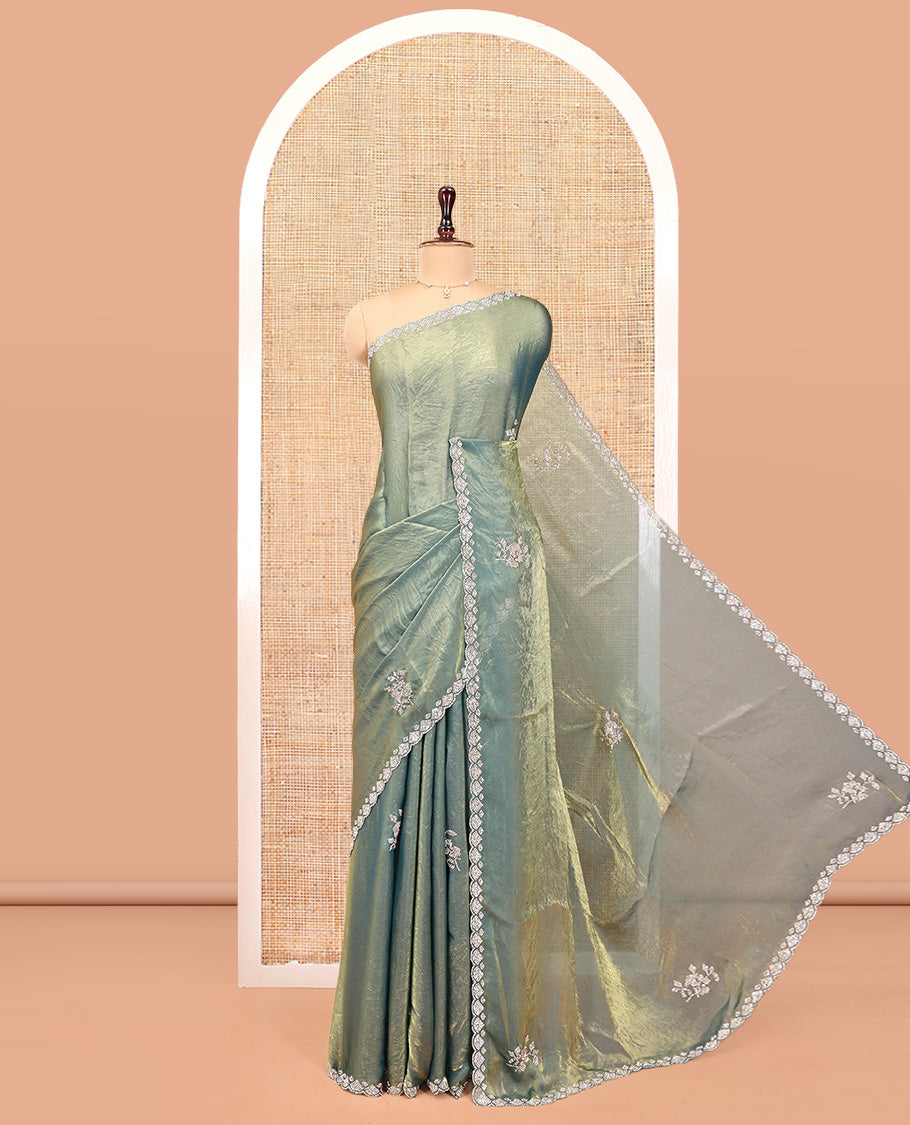 Green Designer Saree, Beautified with Stone Work All Over Its Body, Highlighted by Stone Work Border, and Paired with a Matching Blouse