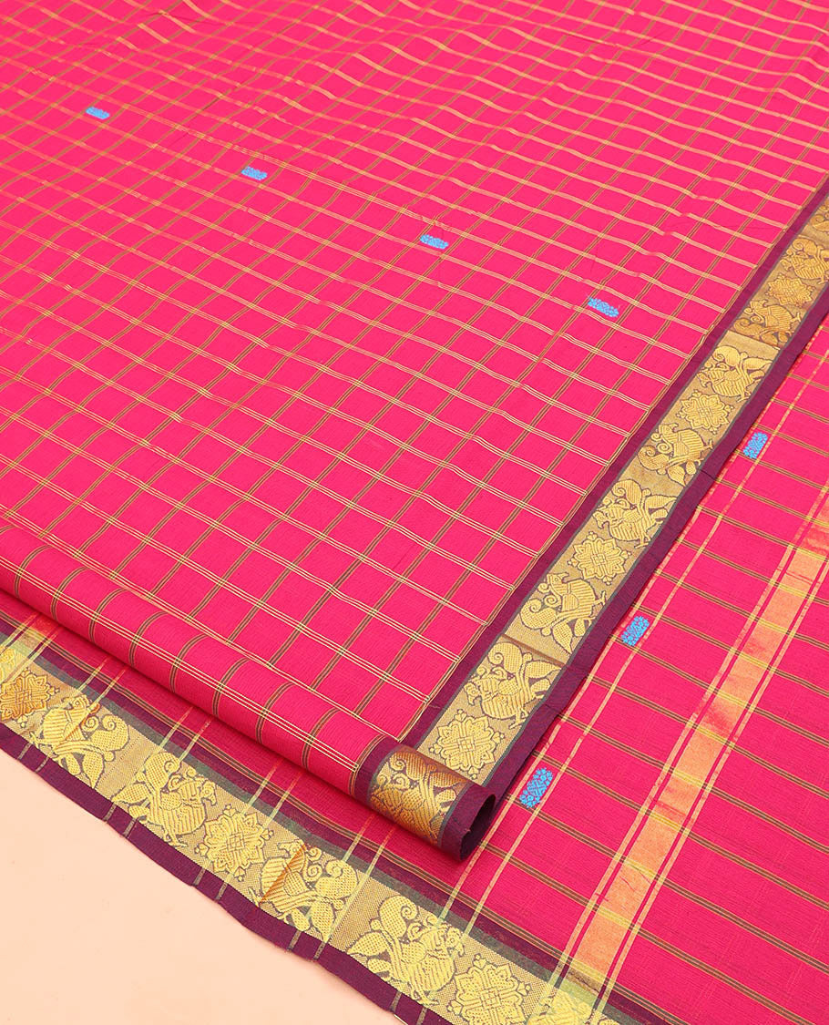 Pink Nine Yard Cotton Saree, Adorned with Butta and Checks, Complemented by Contrast Peacock Border, Pallu of Stripes and Buttas, and Comes Without a Blouse