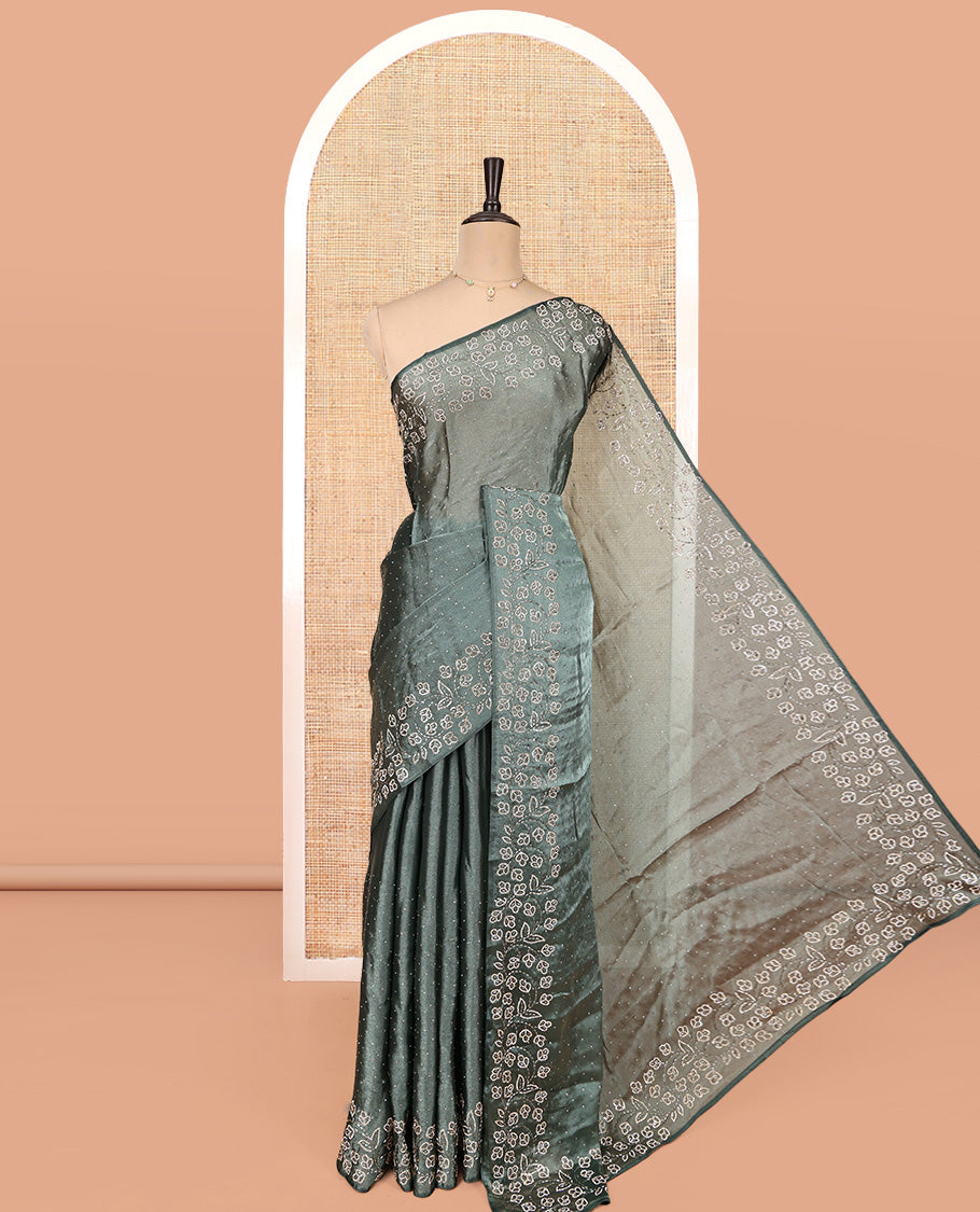 Grey Designer Saree, Enthralled with Stone Work All Over Its Body, a Scallop Floral Embroidered Border, and Matching Blouse