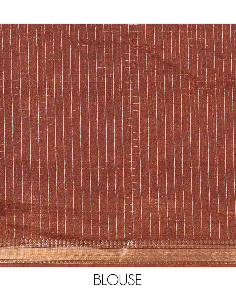 Rust Orange Moss Chiffon Saree, Embellished with Zari Checks All Over Its Body, Complemented by a Contrast Traditional Zari Design Border, Zari Striped Pallu, and Paired with a Contrast Blouse