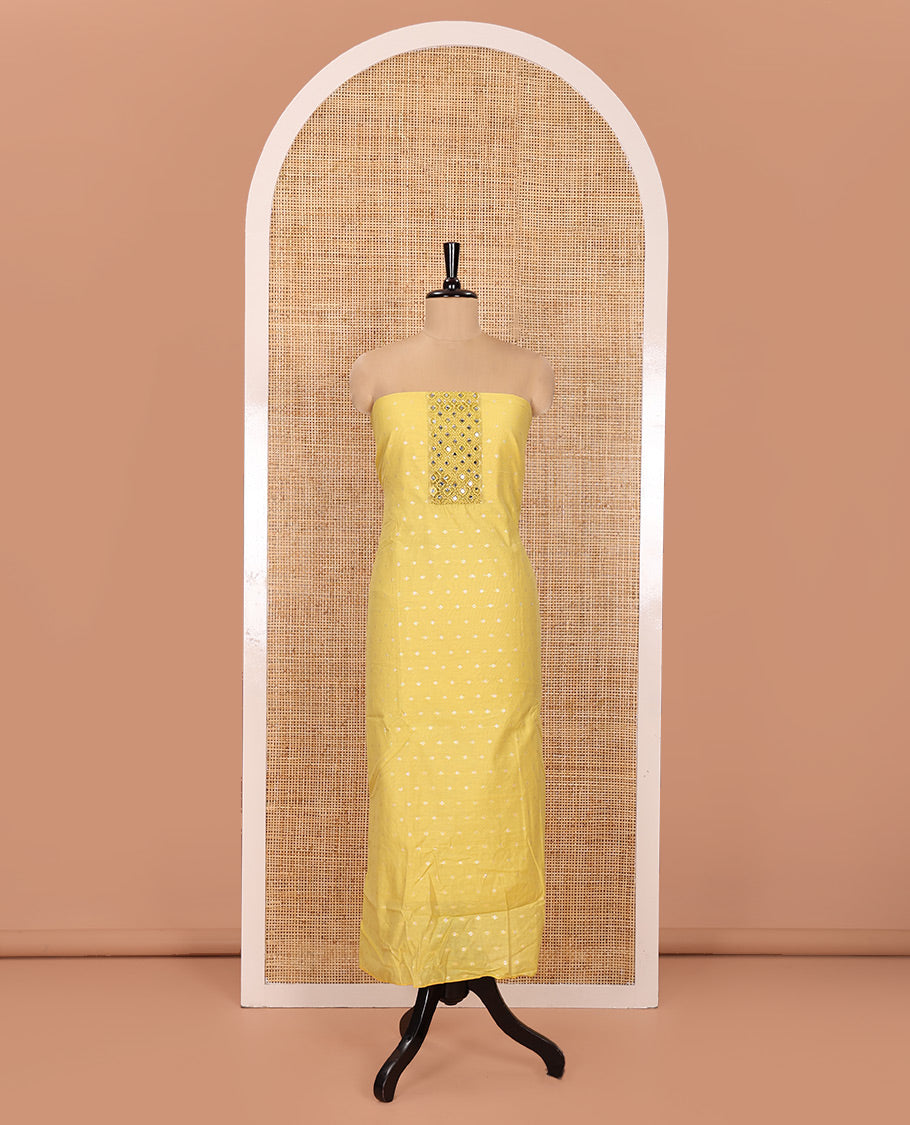Yellow Material Churidar Set, Elevated with Zari Buttas and Crosia Lace with Mirror Work Chanderi Top, Comes with a Plain Bottom, Zari Woven Chanderi Dupatta