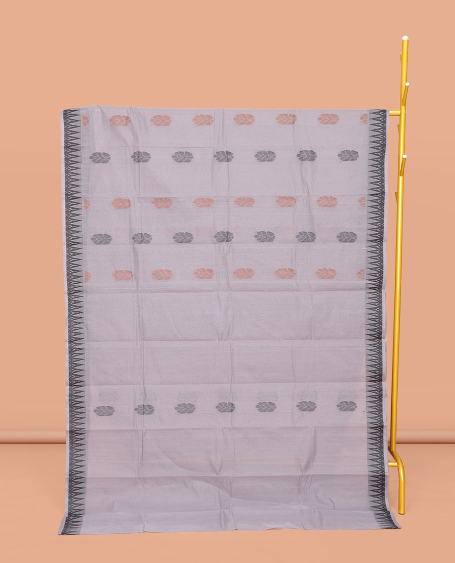 Grey Kanchi Cotton Saree, Woven with Buttas All Over Its Body, Subtle Temple Border, Pallu of Paisleys, Floral and Checks, and Paired with a Matching Blouse
