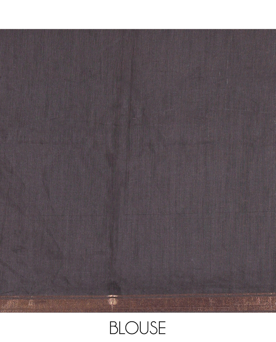 Grey Chanderi Cotton Saree, Elevated with Intricate Bagru Print and Mirror Work on Its Body, a Subtle Printed Border, Pallu of Paisleys Block Print, and Has a Plain Blouse