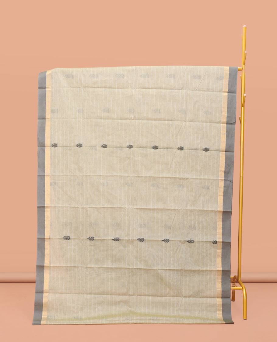 Grey Kanchi Cotton Saree Features Buttas and Stripes on Its Body, Complemented by a Contrast Border, Floral Design Pallu, and a Matching Blouse