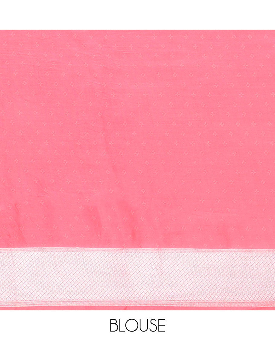 Peach polka dot, bird design mushru silk saree with zari border & rich pallu along with plain blouse