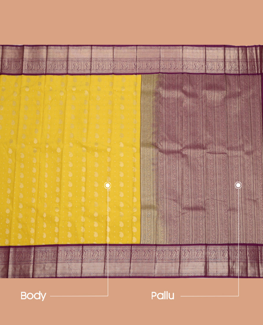 Yellow Budget Silk Saree, Sparsely Threaded with Zari Buttas, Complemented by a Contrast Traditional Zari Border, Grand Pallu, and Contrast Blouse