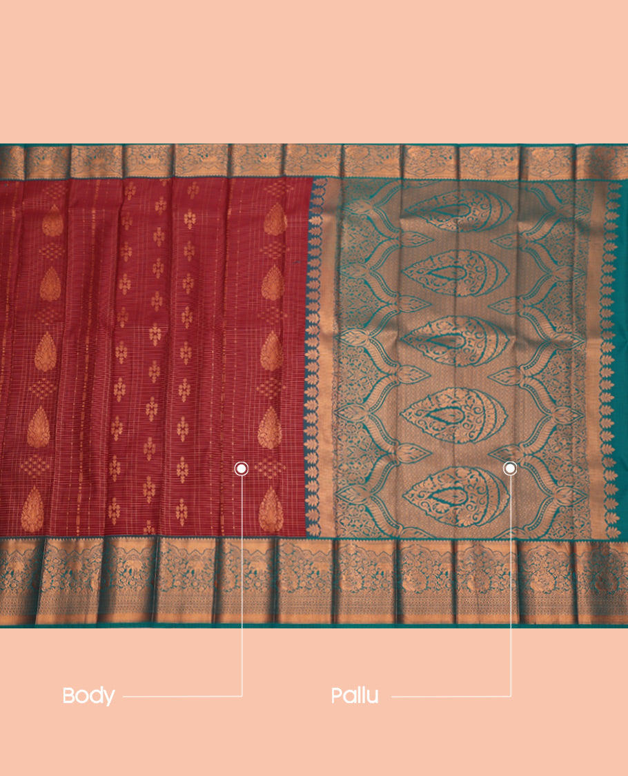 Maroon Budget Silk Saree, Crafted with Zari Buttas and Checks, Complemented by a Contrast Traditional Zari Border, Grand Pallu, and Contrast Blouse