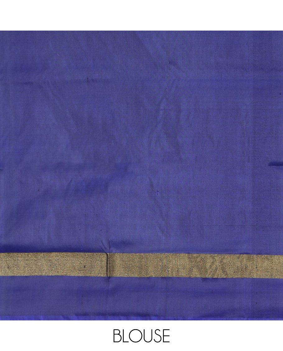 Pink Pochampally Ikat Saree, Artfully Detailed with Warli Ikat Motifs, a Contrast Chevron Striped Border, Ikat-Style Temple Pallu, and a Contrast Blouse