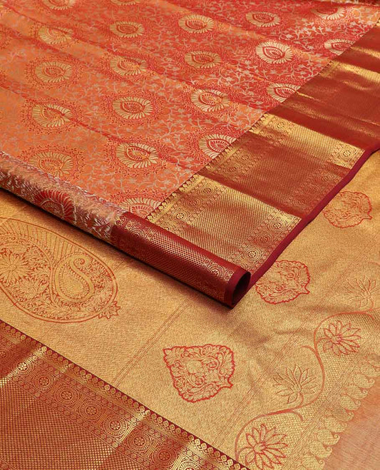 Red floral design kancheepuram tissue silk saree with contrast border of thilakam mokku, banaras, poo chakram, kuyil kann design & zari design pallu