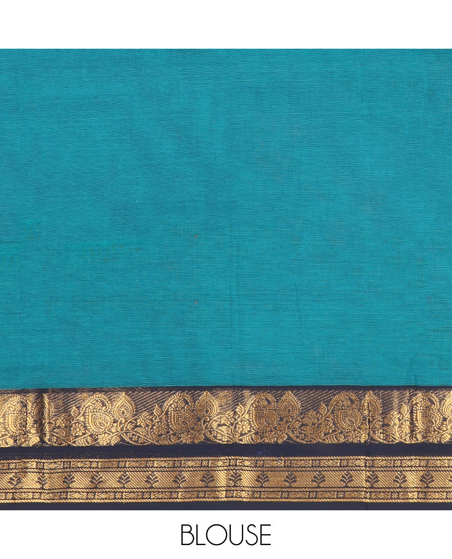 Blue Plain Chettinad Cotton Saree, Complemented by Contrast Traditional Zari Design Border, Striped Pallu, and Paired with Matching Blouse