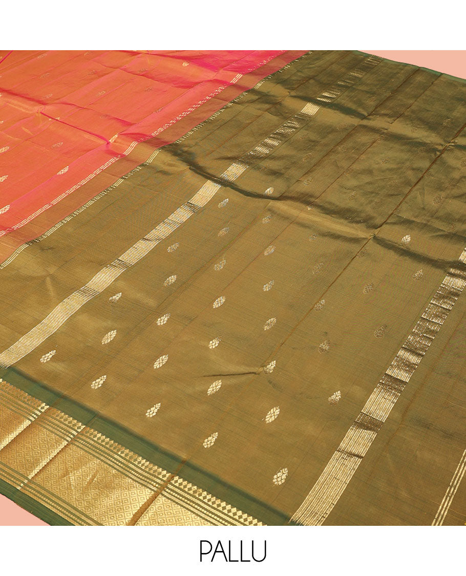 Orange Kanchipuram Silk Saree, Embellished with Zari Buttas, a Contrast One-Sided Border of Panner Sombu, Muthu, Bananras, and Mayil Kann, Zari Design Pallu, and No Blouse