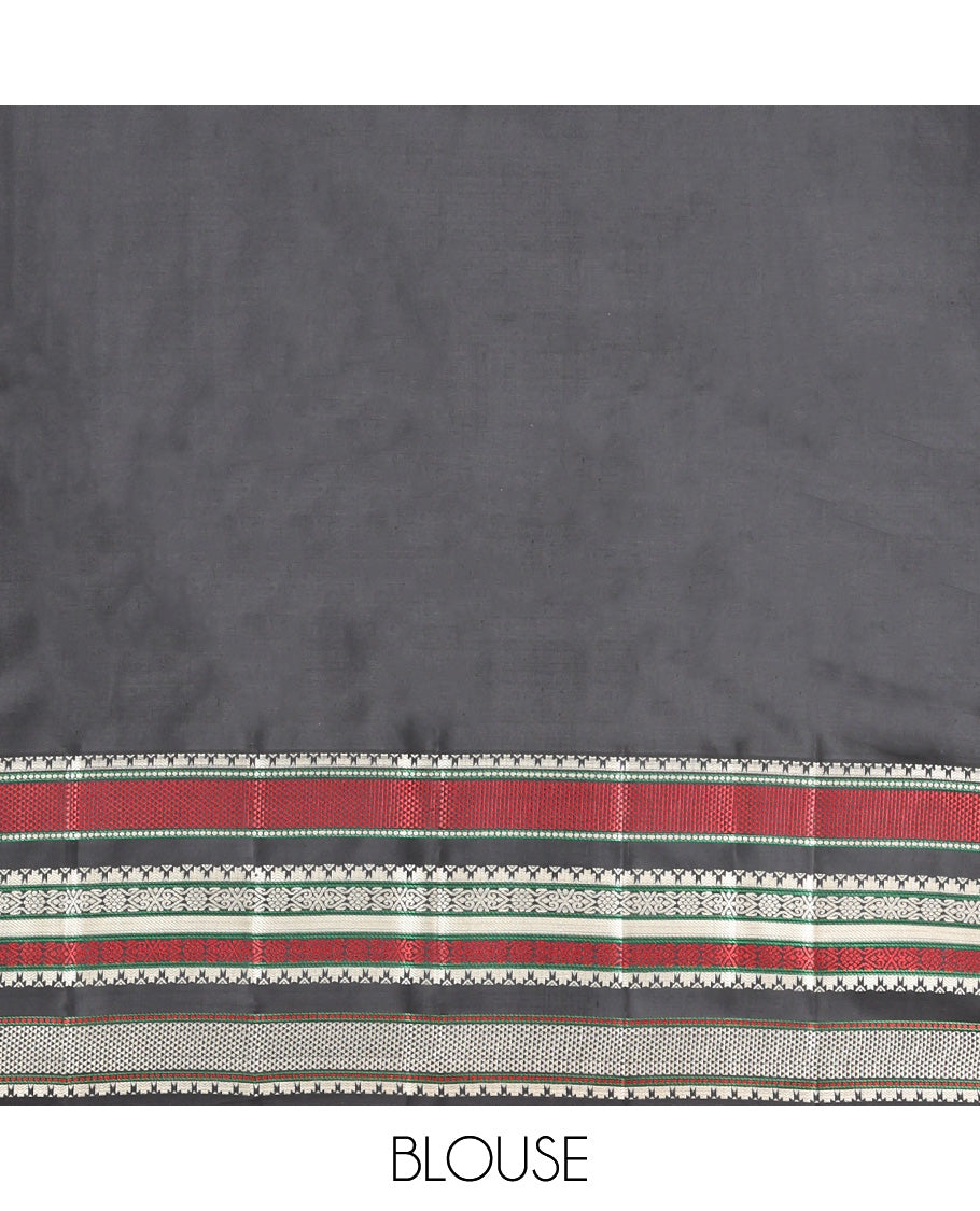 Green Vasundhara Silk Saree, Crafted with Thread Buttas, Contrast Border of Rekku, Ara Maadam, and Jada Nagam Designs, Manga Pallu, and Contrast Blouse
