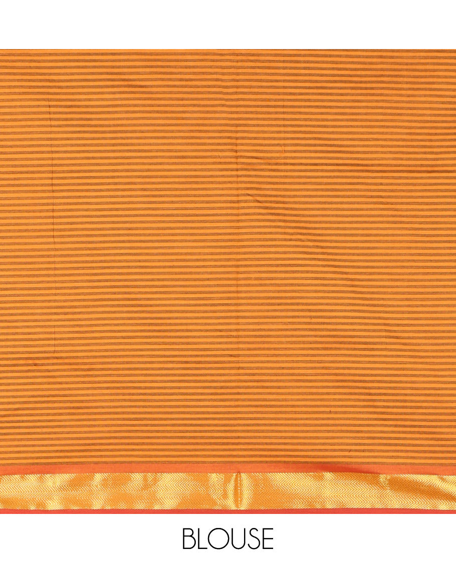 Orange Micro-Checked Poly Cotton Saree, Complemented by a Contrast Zari Border, Contrast Striped Pallu, and Paired with a Contrast Blouse